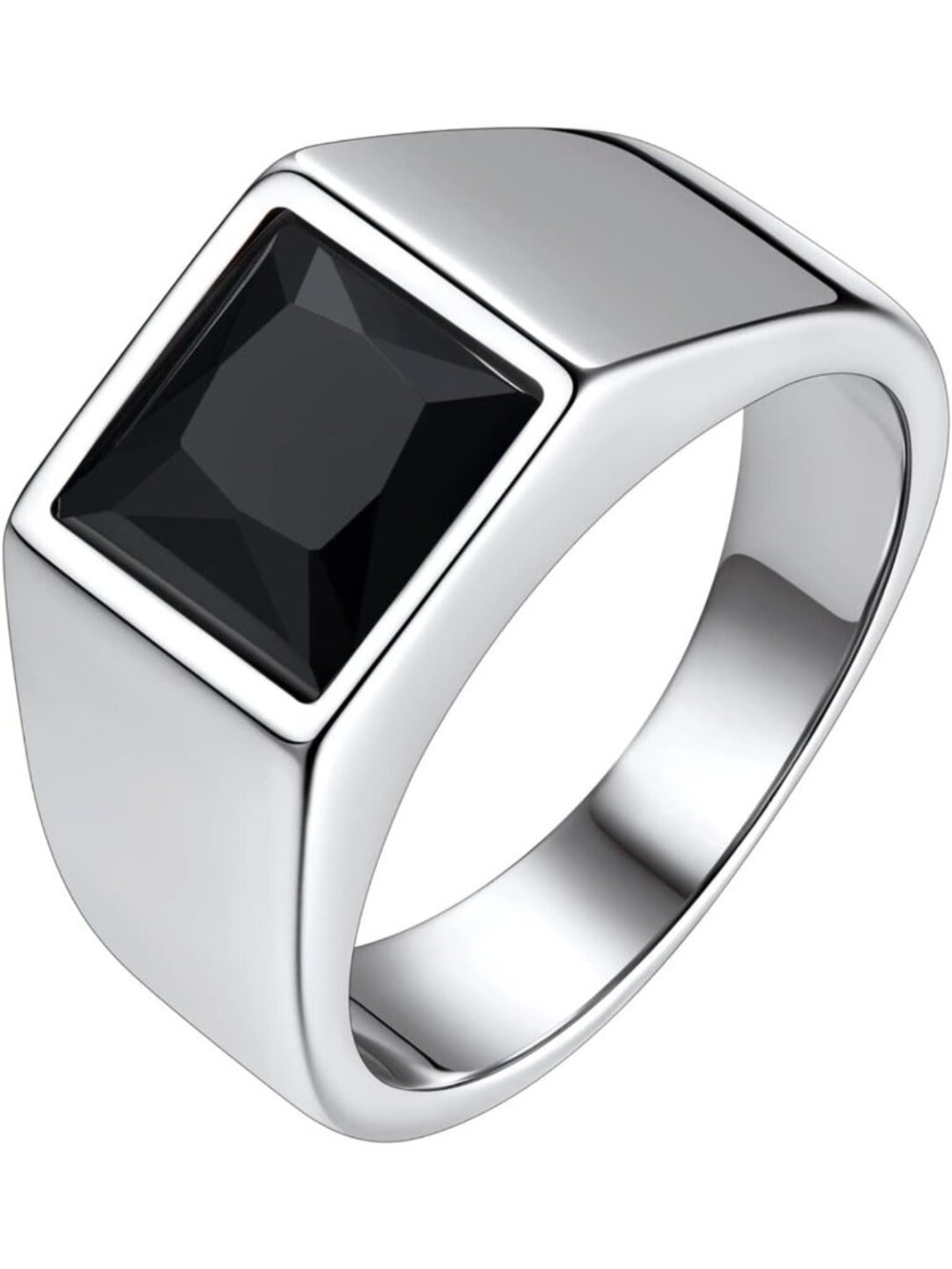Classic Stainless Steel Men's Signet Ring with Black/Blue Gemstone - Size 7-14